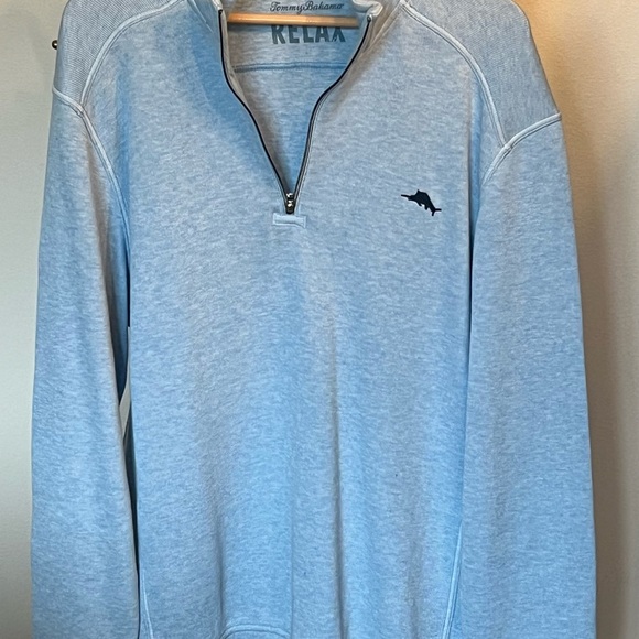 Tommy Bahama Men's Light Blue Mid Zip Knit Sweater - Picture 2 of 7